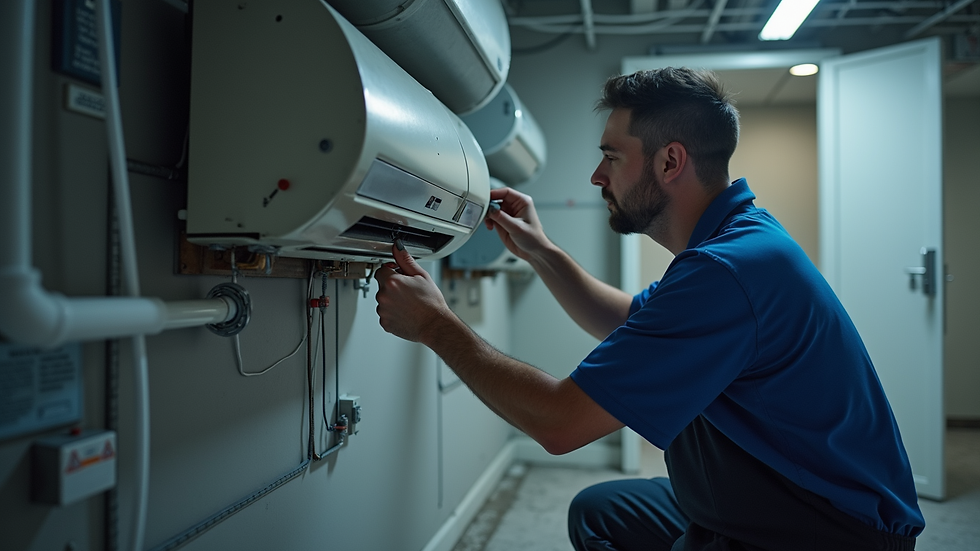 Eye-level view of technician inspecting HVAC system indoors
