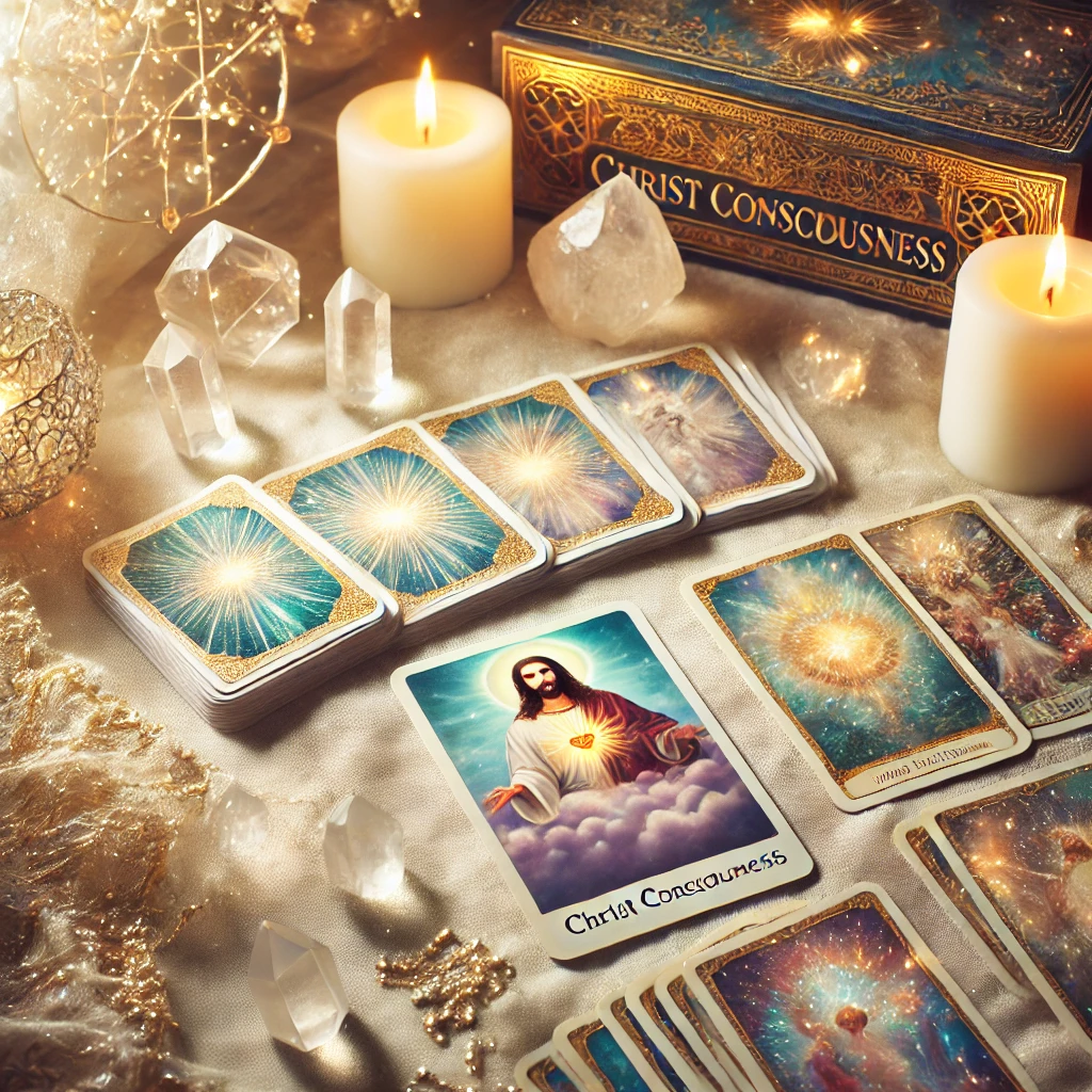 alt="Oracle and tarot cards arranged in a divine light setting for Christ Consciousness and spiritual insight"