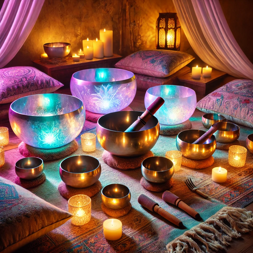 alt="Crystal singing bowls and tuning forks on a sacred altar for chakra alignment and vibrational sound therapy"