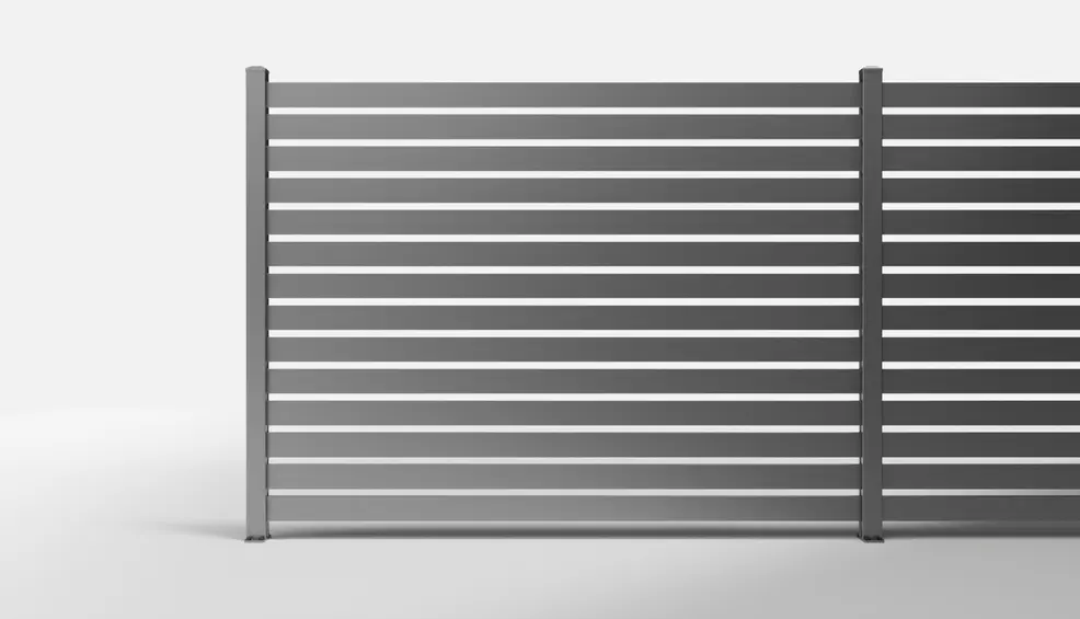Private Black Horizontal Steel Slat Semi-Privacy Fence with 1-Inch Gaps — 8 × 6 Feet — Surface Mount