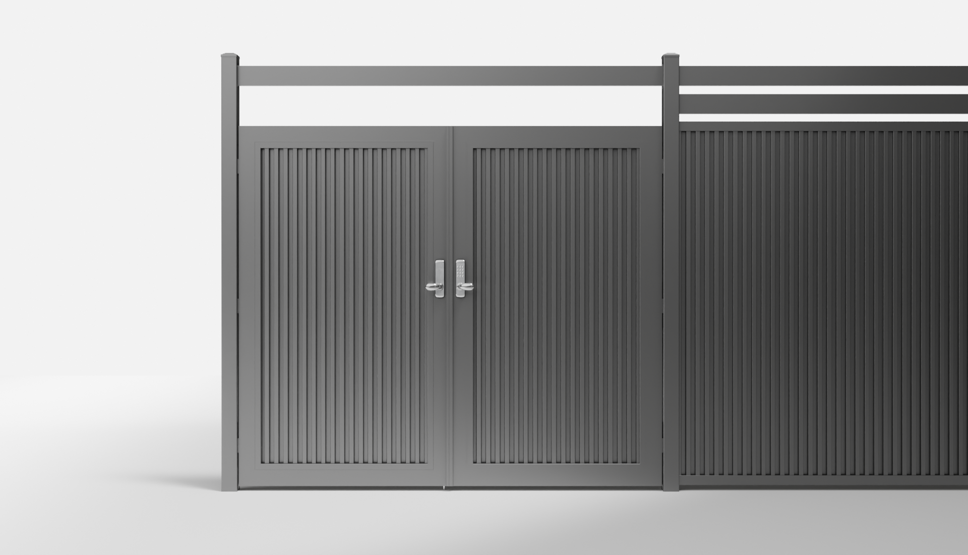 Private Black FireGuard Vertical Full Privacy Metal Double Gate with Crossbeam — 7 ft W × 6 ft H - In-Ground