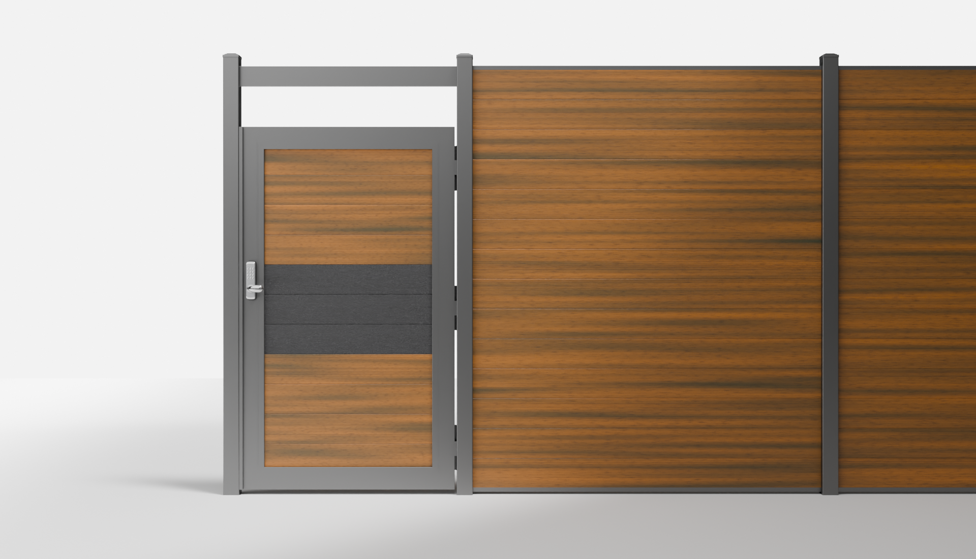 Charcoal and Teak Composite Horizontal Full Privacy Single Gate with Crossbeam — 3 Charcoal Boards + 8 Teak Boards — 3.5 ft W × 6 ft H - In-Ground