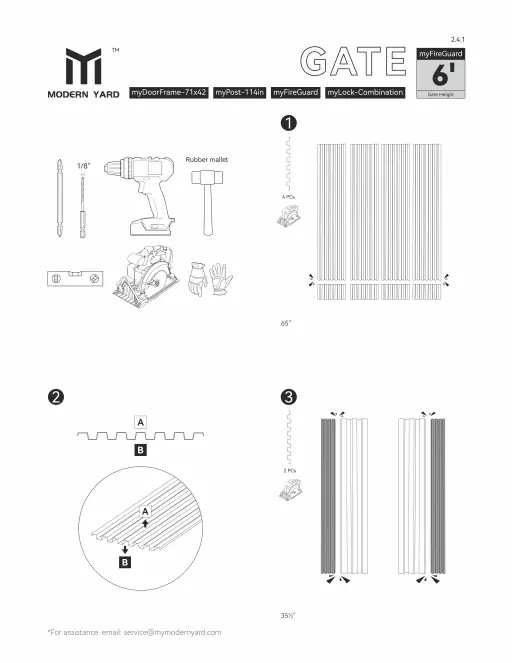 Modern Yard vertical 6-foot composite fence installation guide with step-by-step post, rail, and fence board assembly instructions