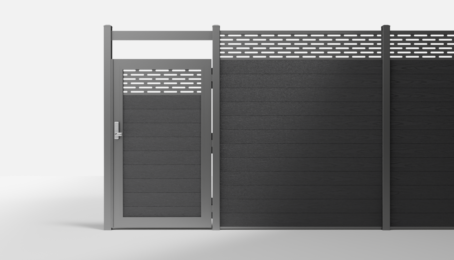 Charcoal Composite Horizontal 1 × 6 ft Decorative Panel, Pattern P01 Single Gate with Crossbeam — 3.5 ft W × 6 ft H - In-Ground