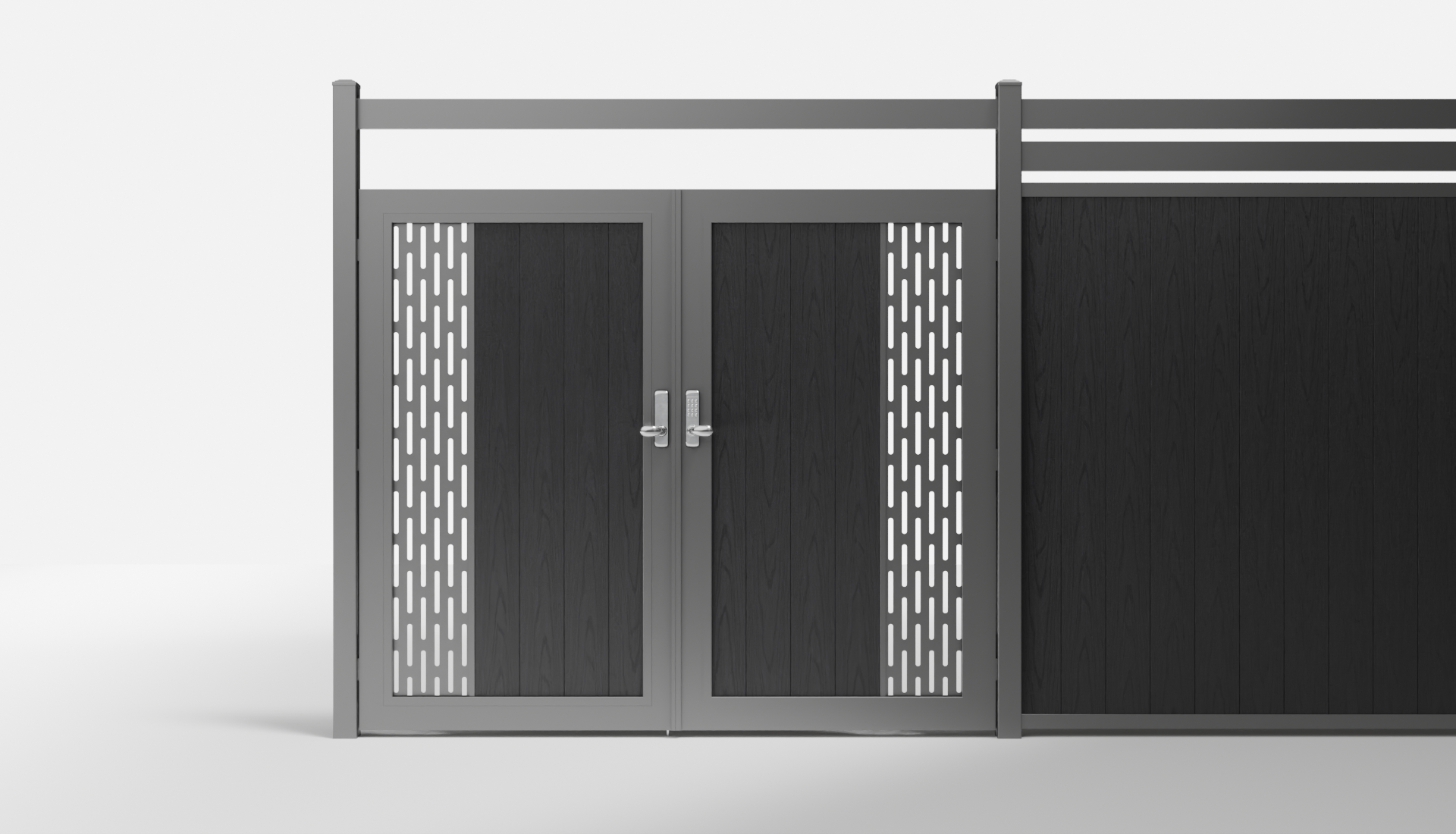 Charcoal Composite Vertical 1 × 6 ft Decorative Panel, Pattern P01 Double Gate with Crossbeam — 7 ft W × 6 ft H - In-Ground