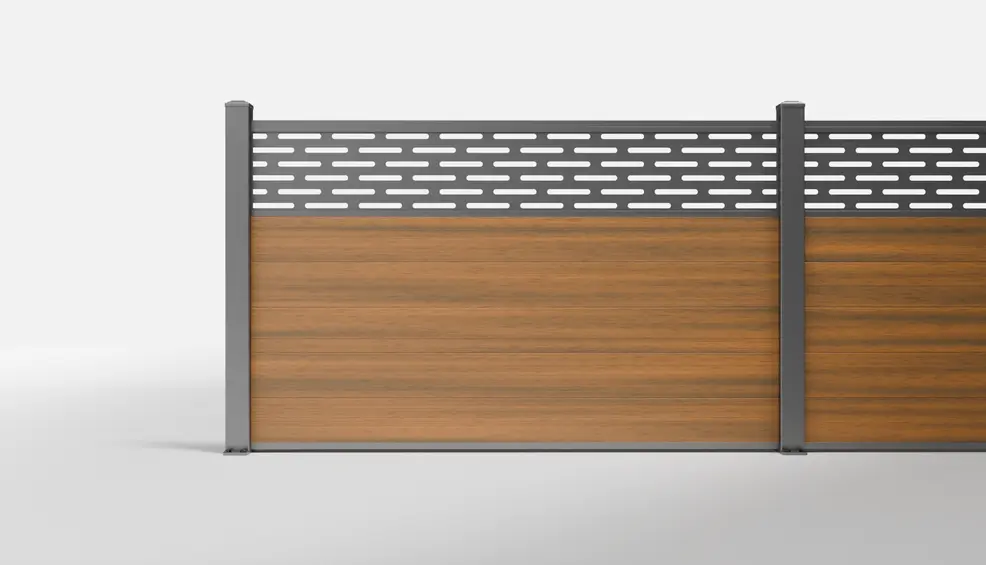 Teak Wood-Look Horizontal Composite Fence with Decorative Panel Top — 72 × 42 Inches — Surface Mount