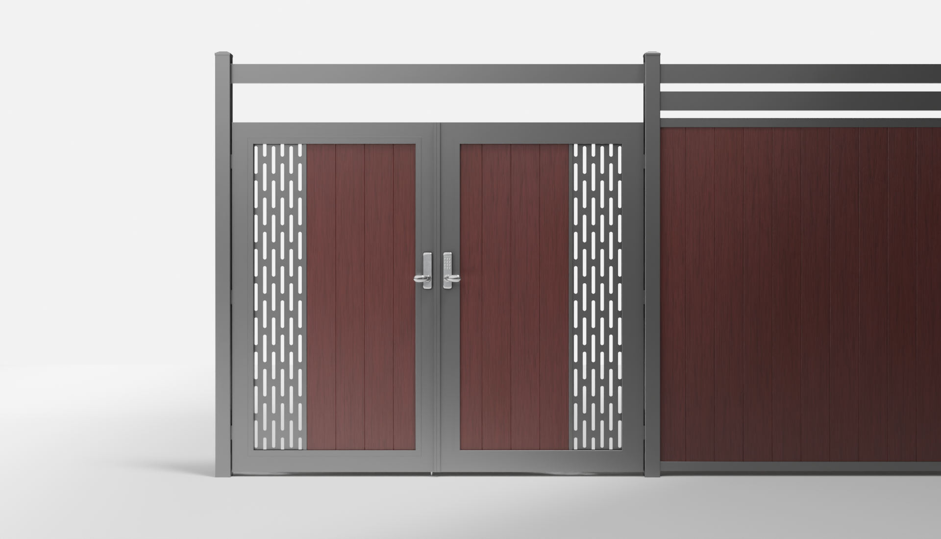 Redwood Composite Vertical 1 × 6 ft Decorative Panel, Pattern P01 Double Gate with Crossbeam — 7 ft W × 6 ft H - In-Ground