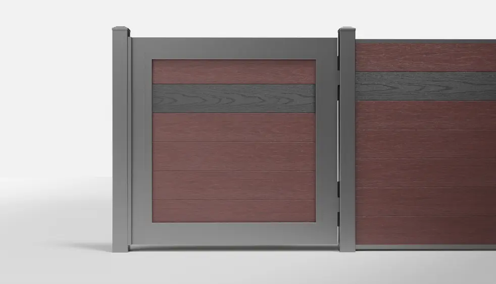 Charcoal and Redwood Composite Horizontal Full Privacy Single Gate — 1 Charcoal Board + 5 Redwood Boards — 3.5 ft W × 3.5 ft H - In-Ground