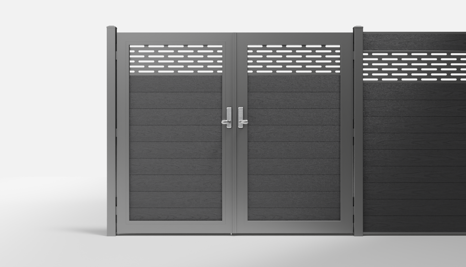 Charcoal Composite Horizontal 1 × 6 ft Decorative Panel, Pattern P01 Double Gate — 7 ft W × 6 ft H - In-Ground
