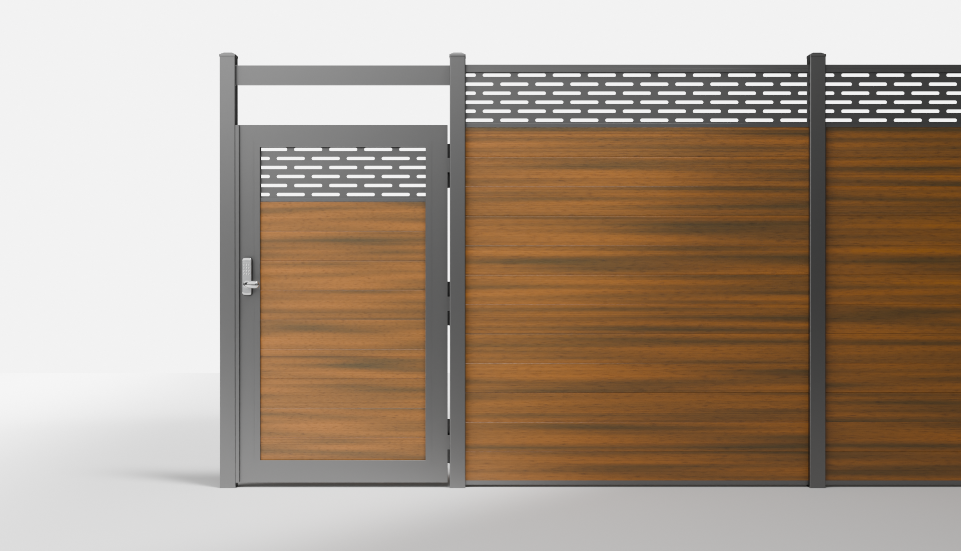 Teak Composite Horizontal 1 × 6 ft Decorative Panel, Pattern P01 Single Gate with Crossbeam — 3.5 ft W × 6 ft H - In-Ground