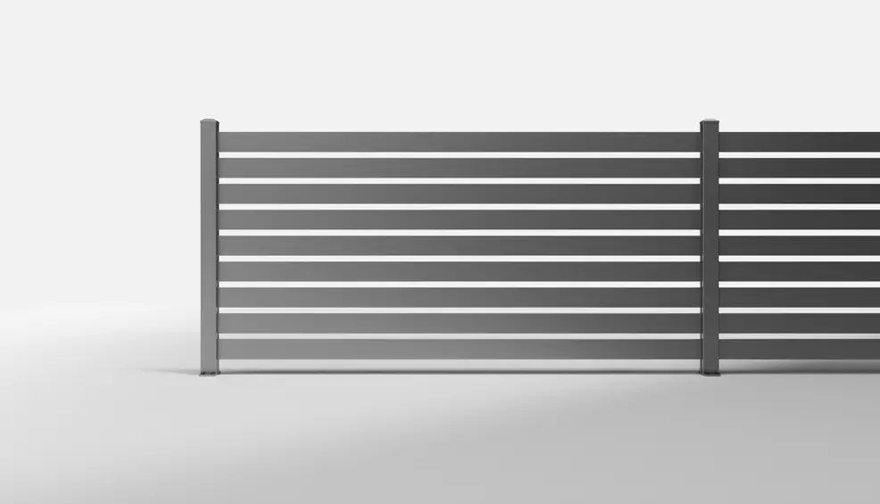 Private Black Horizontal Steel Slat Semi-Privacy Fence with 1-Inch Gaps — 8 × 4 Feet — Surface Mount