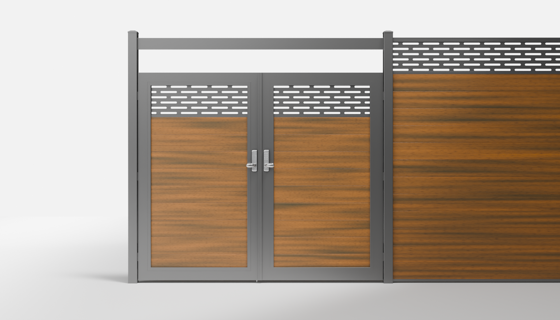 Teak Composite Horizontal 1 × 6 ft Decorative Panel, Pattern P01 Double Gate with Crossbeam — 7 ft W × 6 ft H - In-Ground