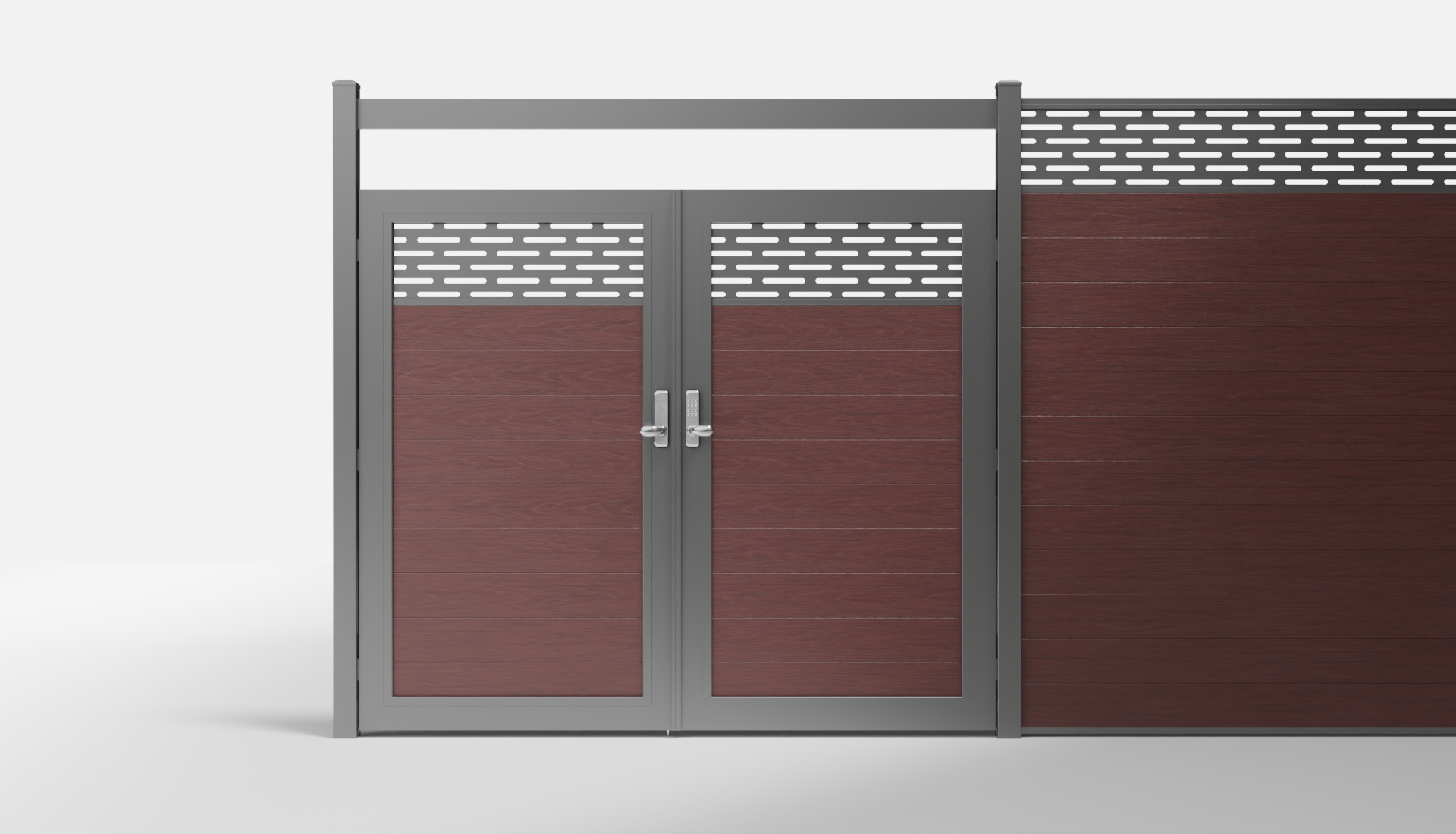 Redwood Composite Horizontal 1 × 6 ft Decorative Panel, Pattern P01 Double Gate with Crossbeam — 7 ft W × 6 ft H - In-Ground