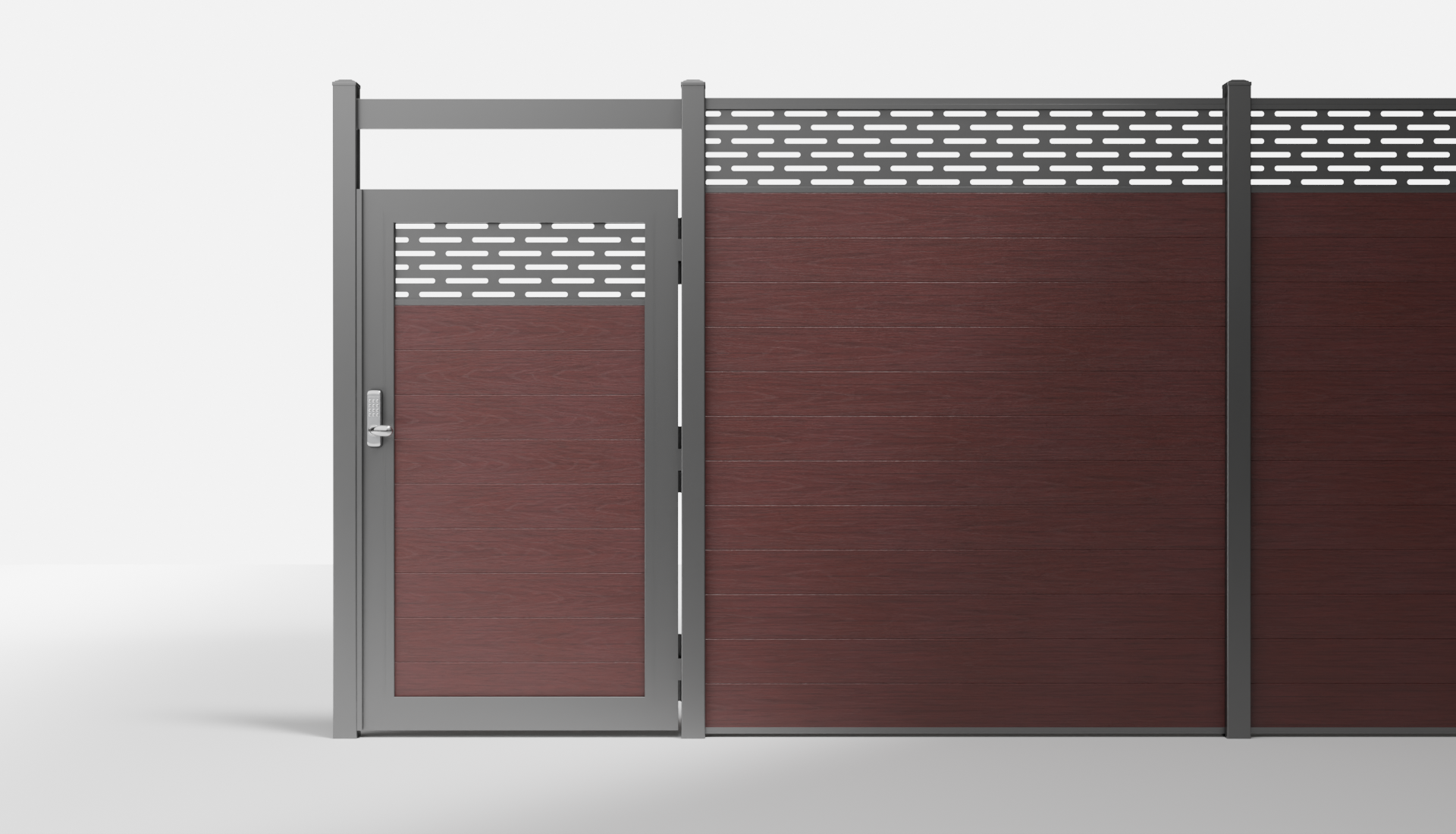 Redwood Composite Horizontal 1 × 6 ft Decorative Panel, Pattern P01 Single Gate with Crossbeam — 3.5 ft W × 6 ft H - In-Ground
