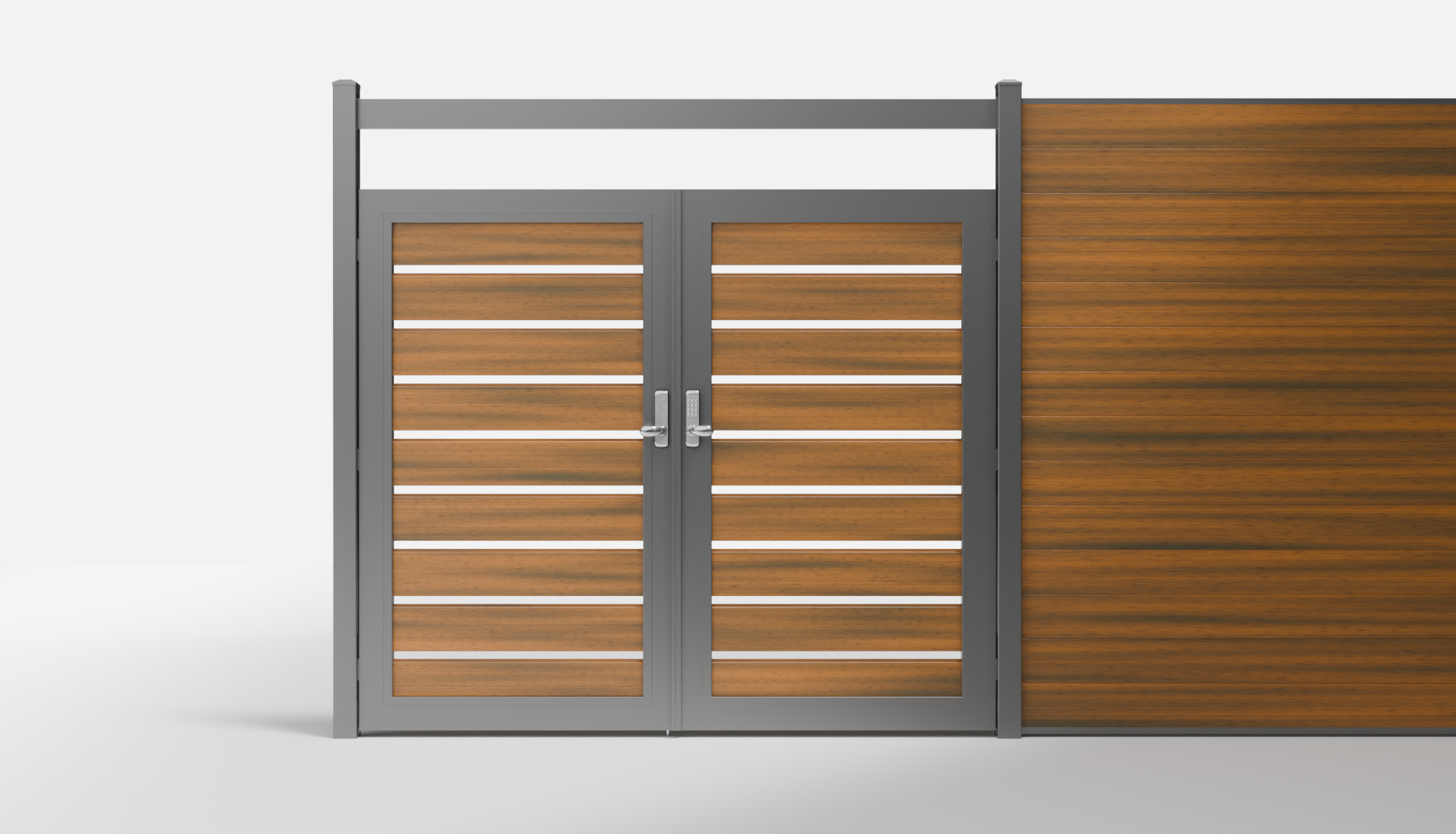 Teak Composite Horizontal Semi-Privacy Double Gate with Crossbeam and 1-Inch Gaps — 7 ft W × 6 ft H - In-Ground