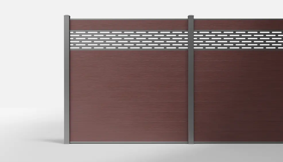Redwood Wood-Look Horizontal Composite Fence with Decorative Panel Top — 6 × 6 Feet — In-Ground
