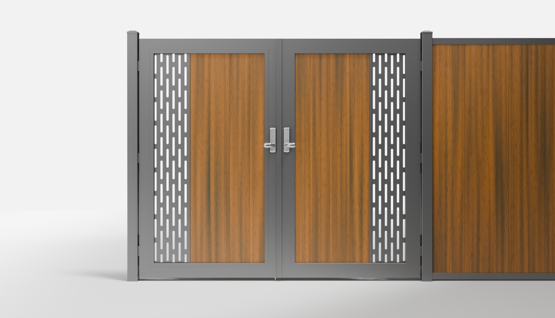 Teak Composite Vertical 1 × 6 ft Decorative Panel, Pattern P01 Double Gate — 7 ft W × 6 ft H - In-Ground