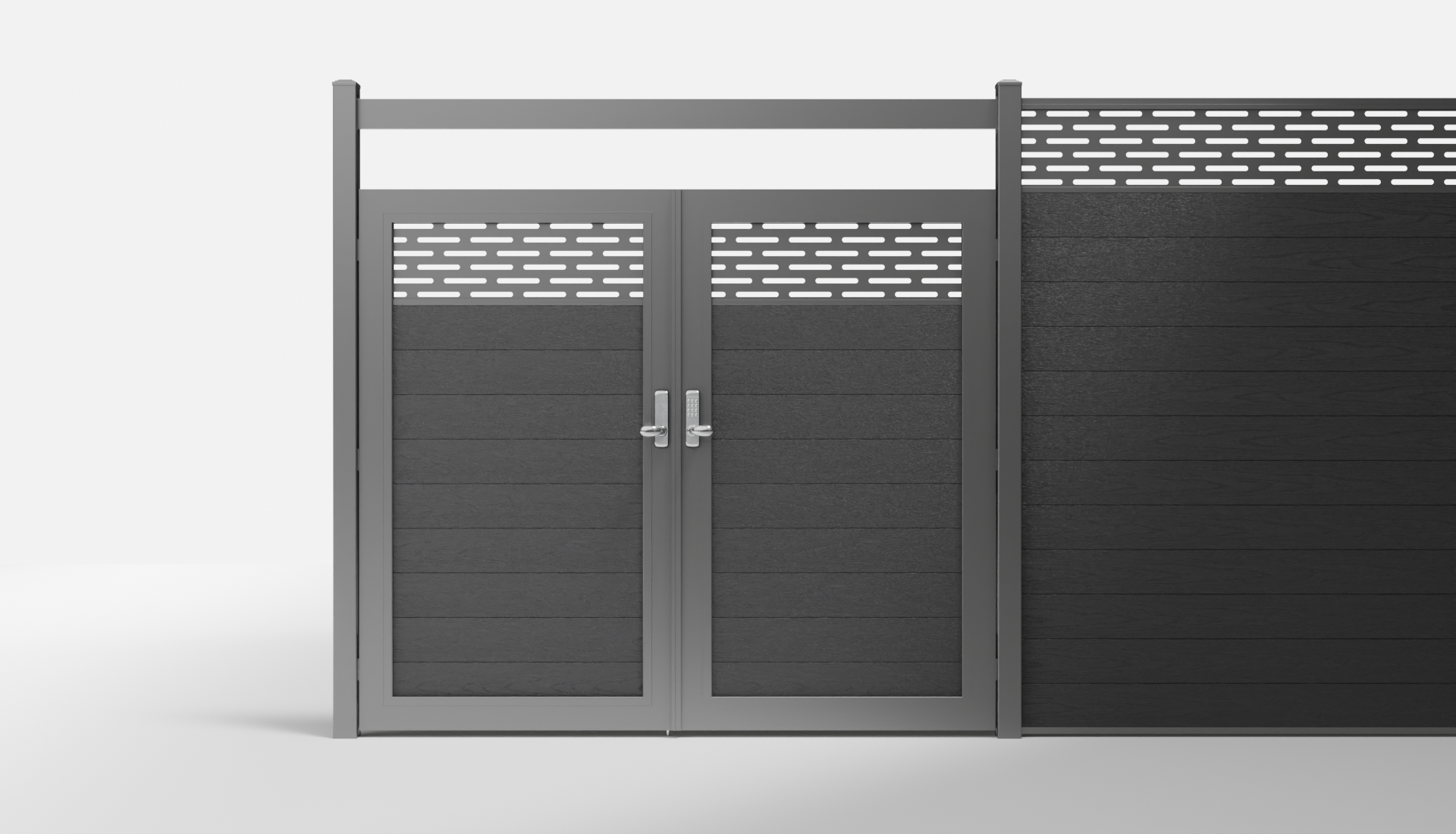 Charcoal Composite Horizontal 1 × 6 ft Decorative Panel, Pattern P01 Double Gate with Crossbeam — 7 ft W × 6 ft H - In-Ground