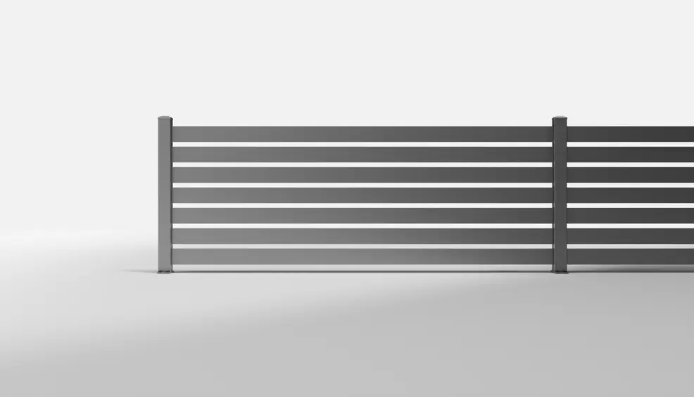 Private Black Horizontal Steel Slat Semi-Privacy Fence with 1-Inch Gaps — 8 × 3 Feet — Surface Mount