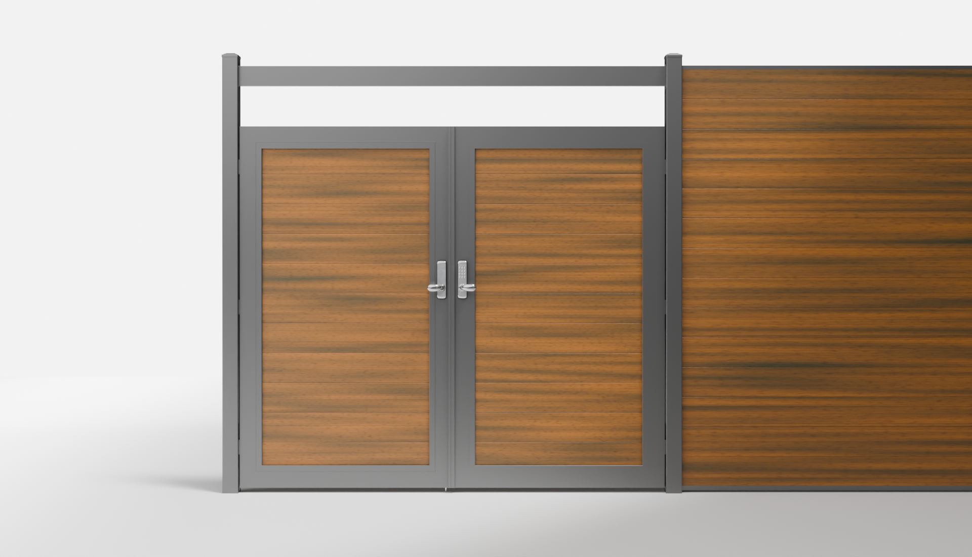 Teak Composite Horizontal Full Privacy Double Gate with Crossbeam — 7 ft W × 6 ft H - In-Ground