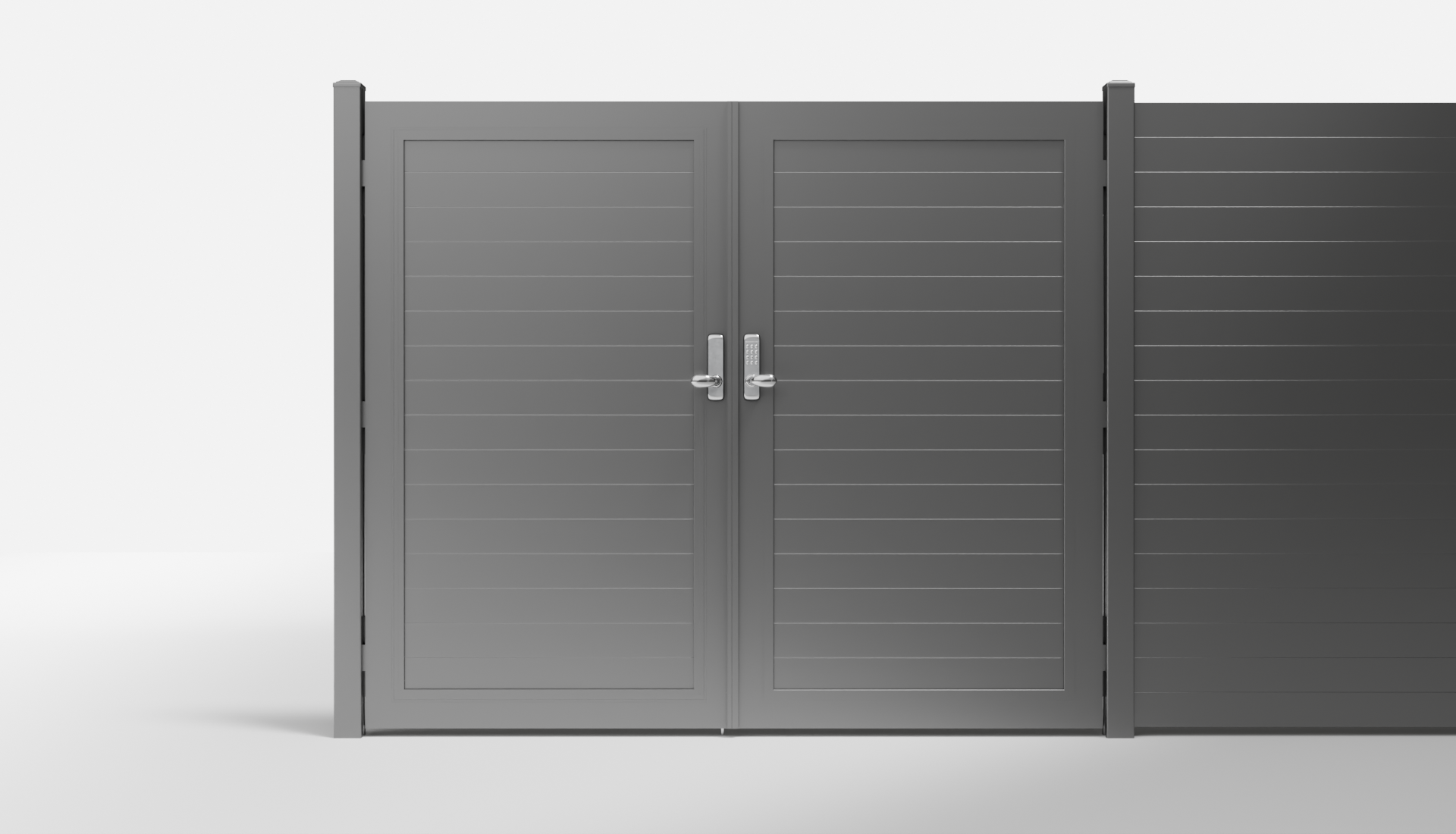 Private Black LINE Horizontal Full Privacy Metal Double Gate — 7 ft W × 6 ft H - In-Ground