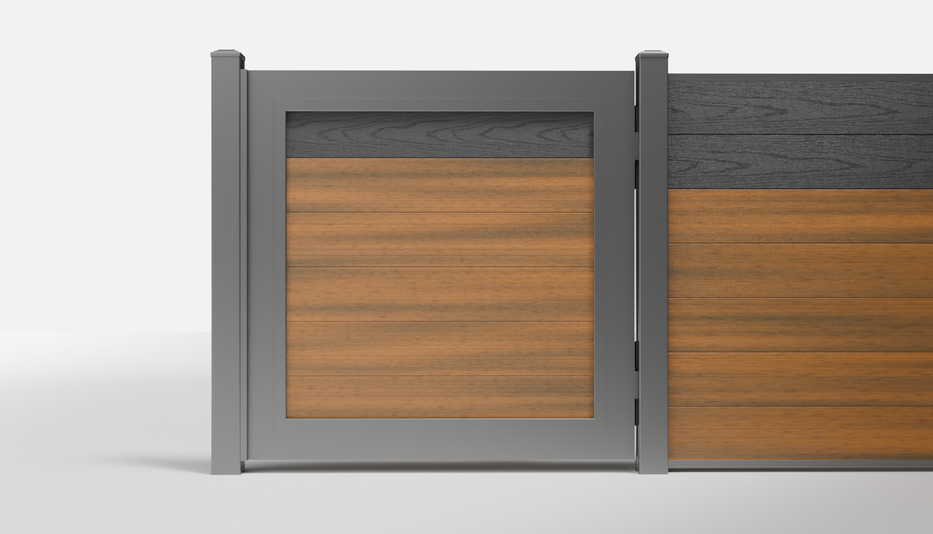 Charcoal and Teak Composite Horizontal Full Privacy Single Gate — 1 Charcoal Board + 5 Teak Boards — 3.5 ft W × 3.5 ft H - In-Ground