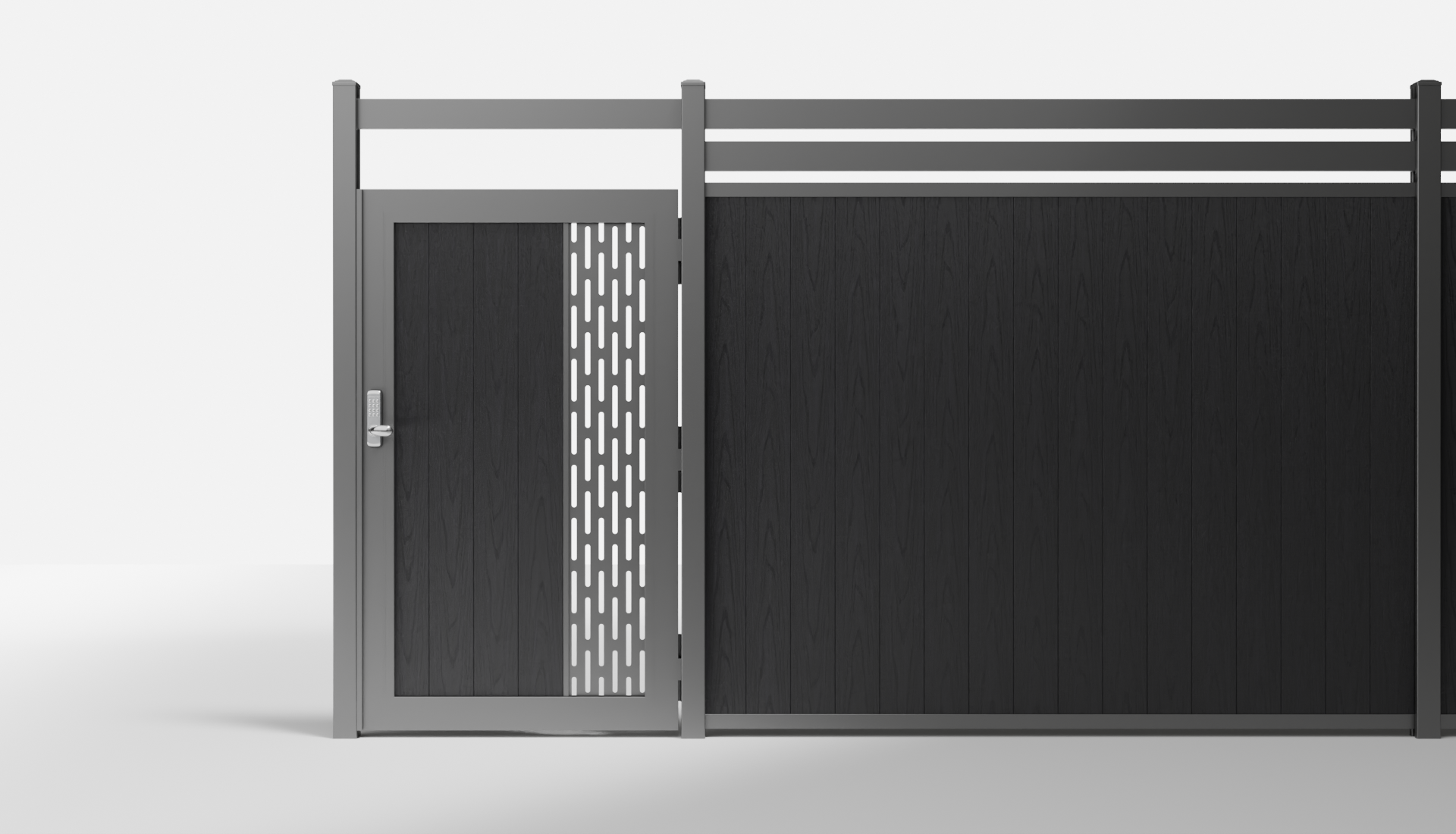 Charcoal Composite Vertical 1 × 6 ft Decorative Panel, Pattern P01 Single Gate with Crossbeam — 3.5 ft W × 6 ft H - In-Ground