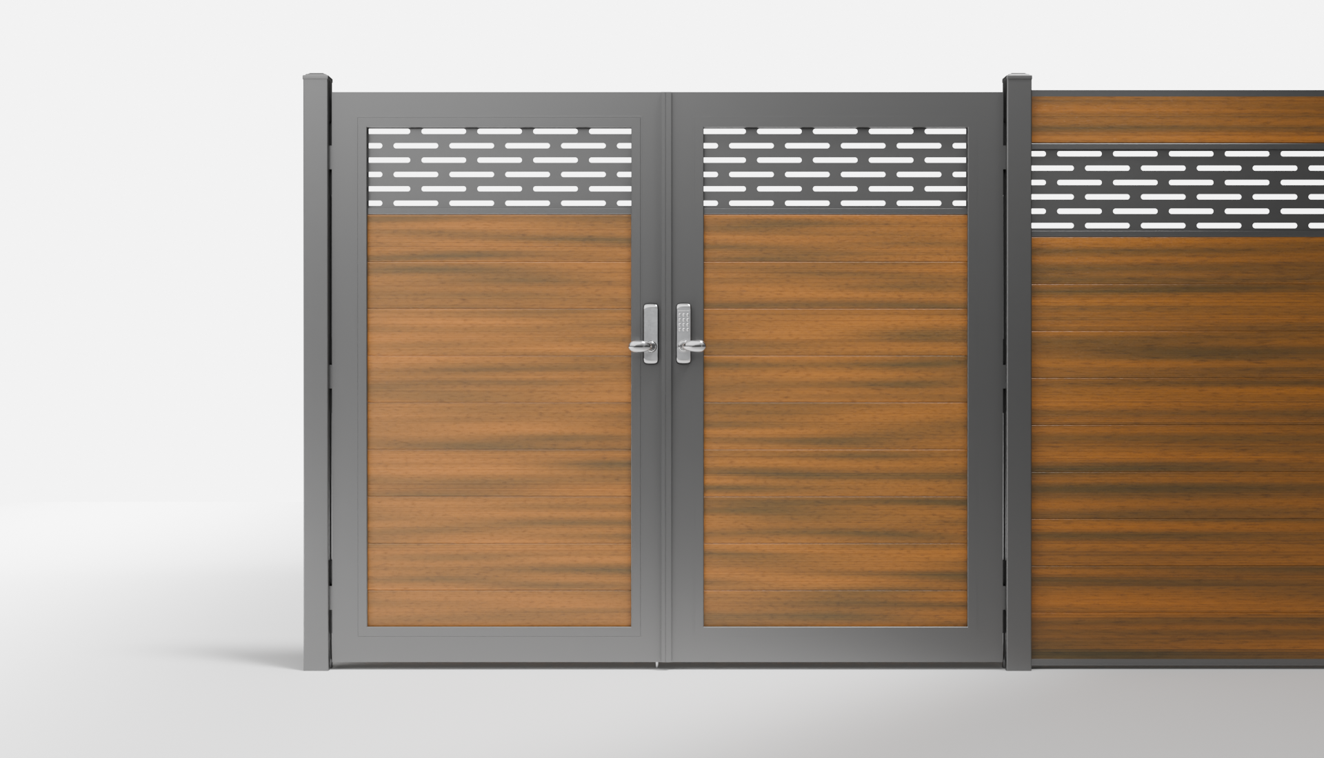 Teak Composite Horizontal 1 × 6 ft Decorative Panel, Pattern P01 Double Gate — 7 ft W × 6 ft H - In-Ground