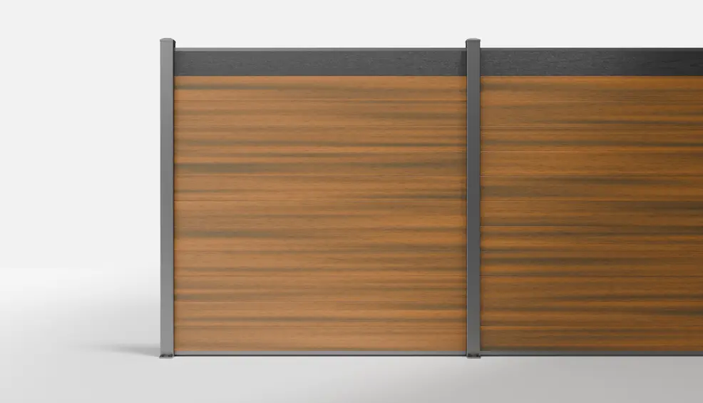 Teak Wood-Look Horizontal Composite Full-Privacy Fence with One Charcoal Accent Board — 6 × 6 Feet — Surface Mount