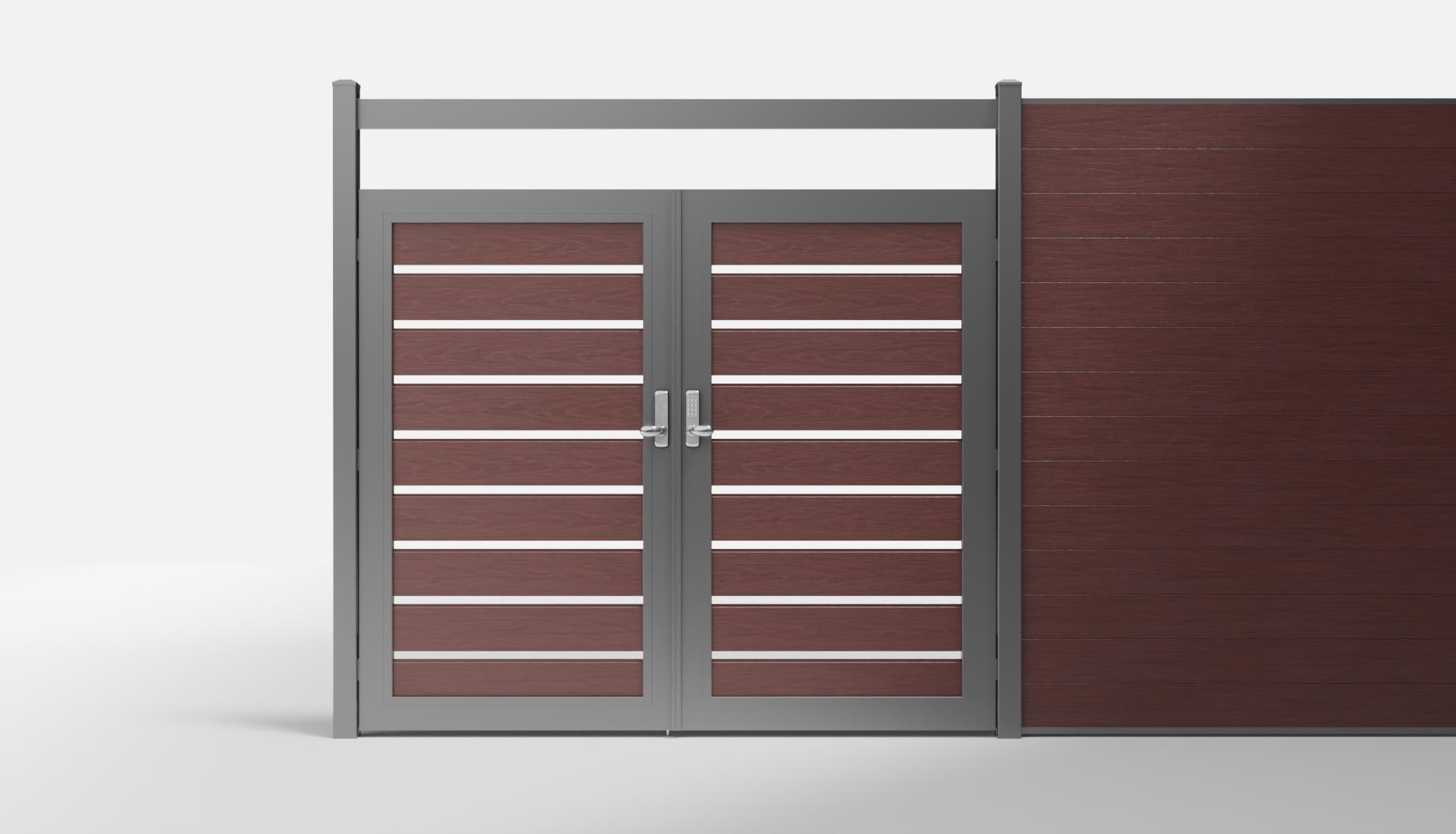 Redwood Composite Horizontal Semi-Privacy Double Gate with Crossbeam and 1-Inch Gaps — 7 ft W × 6 ft H - In-Ground