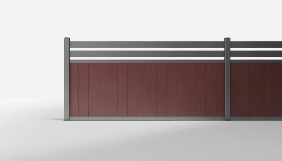 Redwood Wood-Look Vertical Composite Fence with Steel Slatted Top — 8 × 4 Feet — Surface Mount