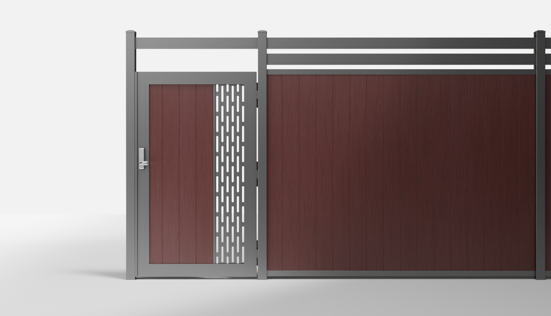 Redwood Composite Vertical 1 × 6 ft Decorative Panel, Pattern P01 Single Gate with Crossbeam — 3.5 ft W × 6 ft H - In-Ground