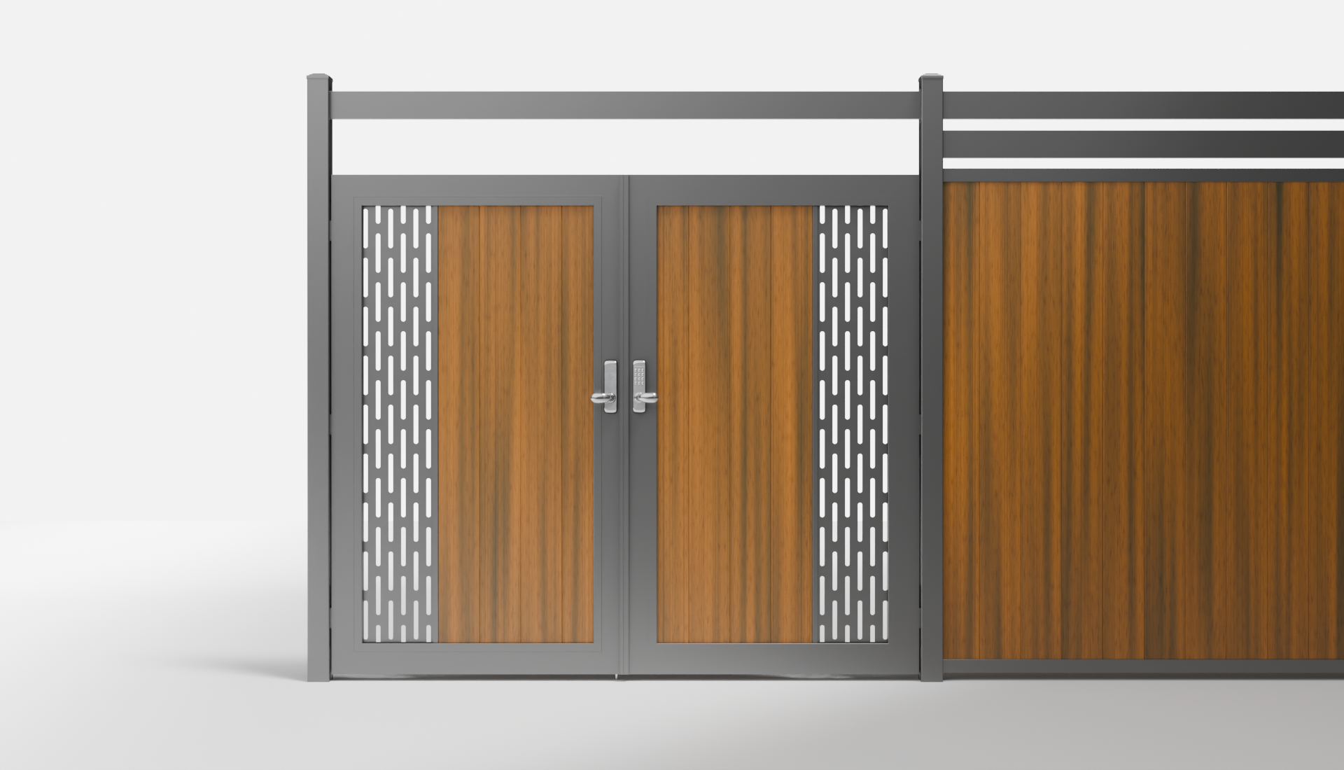Teak Composite Vertical 1 × 6 ft Decorative Panel, Pattern P01 Double Gate with Crossbeam — 7 ft W × 6 ft H - In-Ground