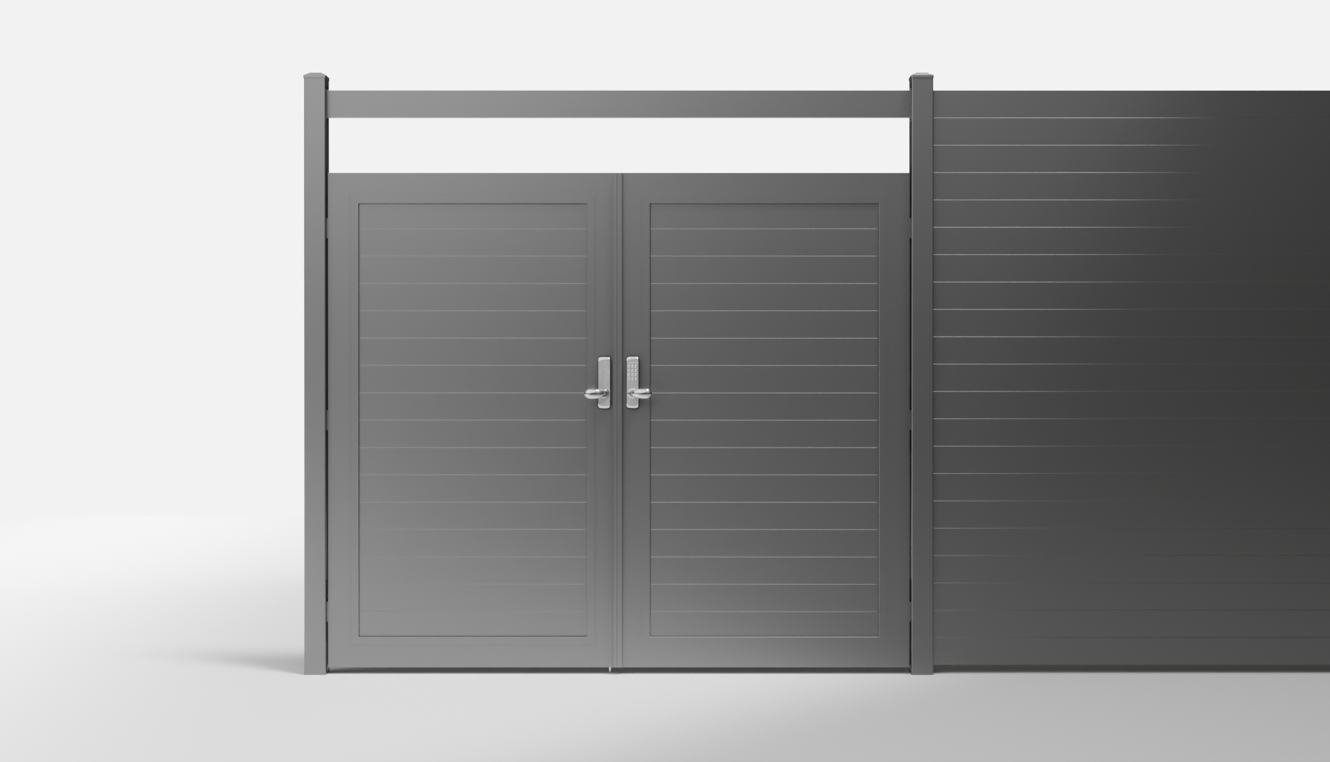 Private Black LINE Horizontal Full Privacy Metal Double Gate with Crossbeam — 7 ft W × 6 ft H - In-Ground
