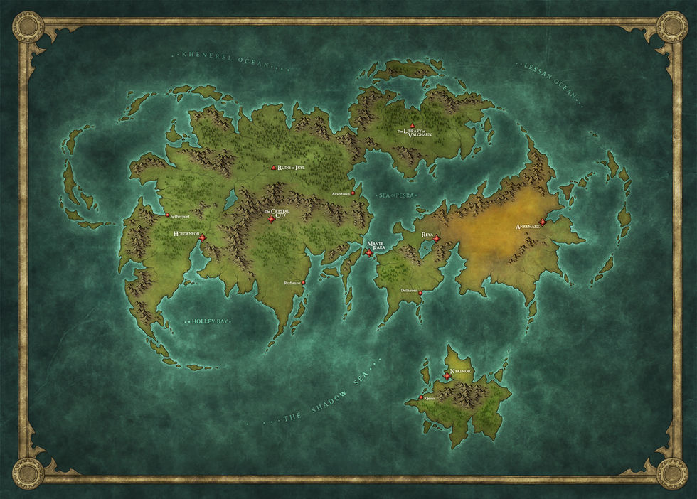 A digitally hand-drawn, full colour fantasy map illustration suitable for novels, Dungeons & Dragons or other TTRPG’s, created by Riku Similä from Kellerica Maps