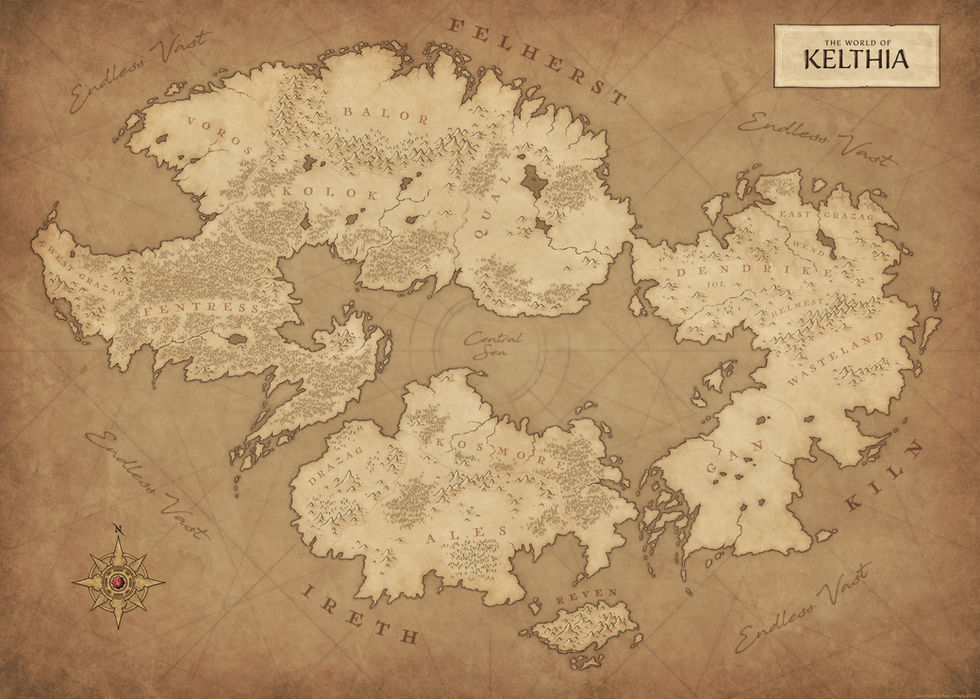 A digitally hand-drawn, parchment colour fantasy map illustration suitable for novels, Dungeons & Dragons or other TTRPG’s, created by Riku Similä from Kellerica Maps