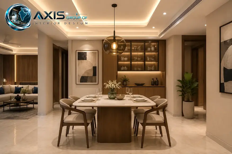 Modern 2BHK dining area with designer false ceiling, cove lighting, statement pendant light and 4 seater dining table in Kolkata flat by AGO Interior Design