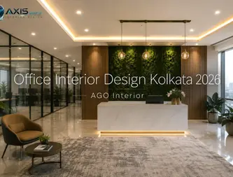 Modern corporate office reception interior design in Kolkata 2026 by AGO Interior Design, featuring sleek glass partitions, living green wall, premium marble finishes, and FIDA 2025 award-winning corporate style