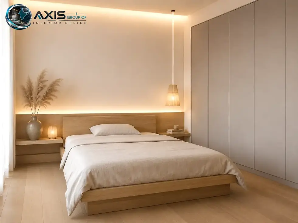 Serene Japandi master bedroom interior design for Kolkata IT professionals by AGO Interior Design