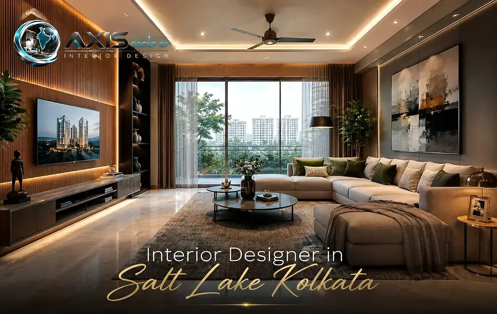 Best interior designer in Salt Lake Kolkata - AGO Interior Design (Axis Group Of Interior Design), FIDA 2025 Award Winner, showcasing modern luxury living room design in Bidhannagar with warm minimalism and world-class aesthetics.