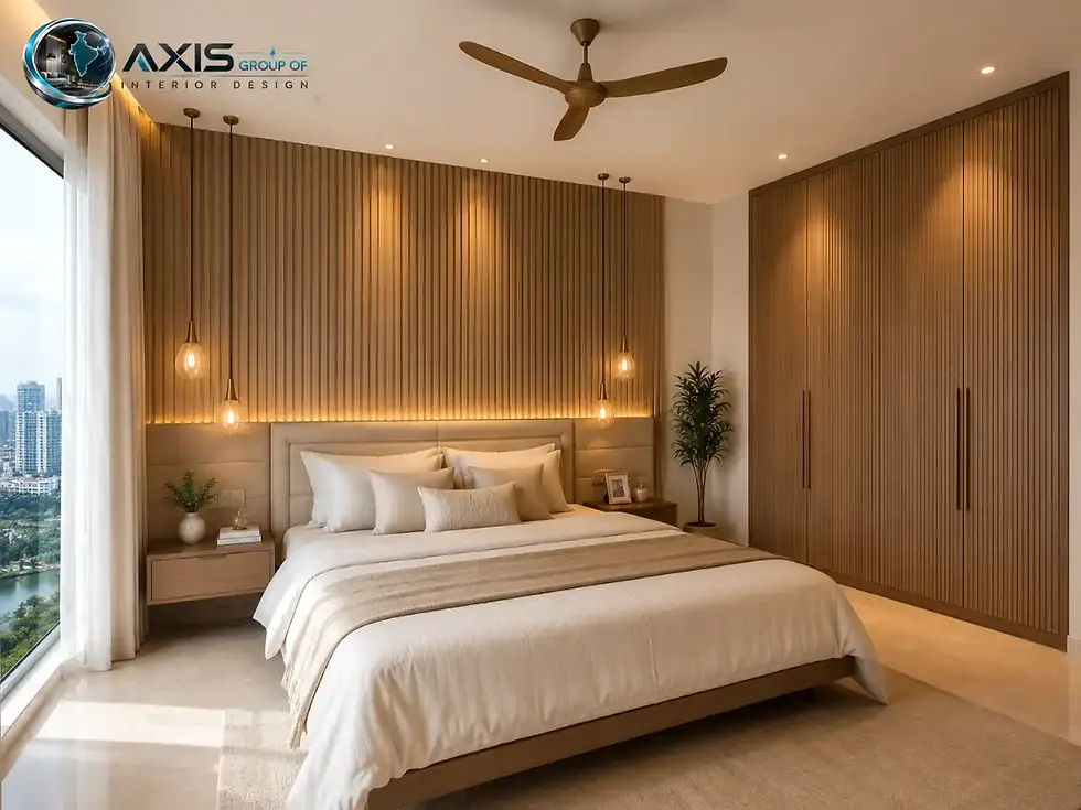 Luxury fluted panel feature wall bedroom interior design in Kolkata New Town tower by AGO Interior Design