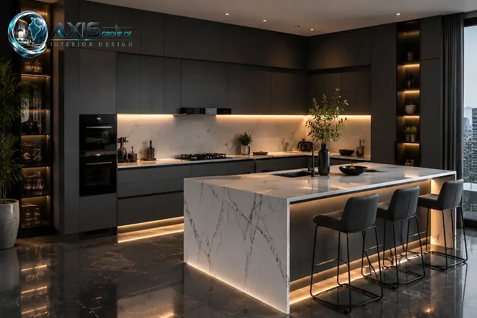 Charcoal matte slab-door luxury island modular kitchen in Kolkata premium apartment — waterfall quartz, LED lighting, AGO Interior Design ( Axis Group Of Interior Design )