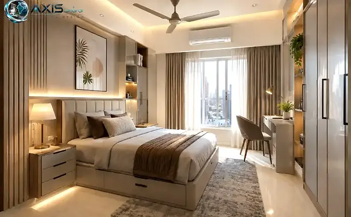 Modern single bedroom design in Kolkata with space-saving furniture and smart storage solutions by Axis Group Of Interior.