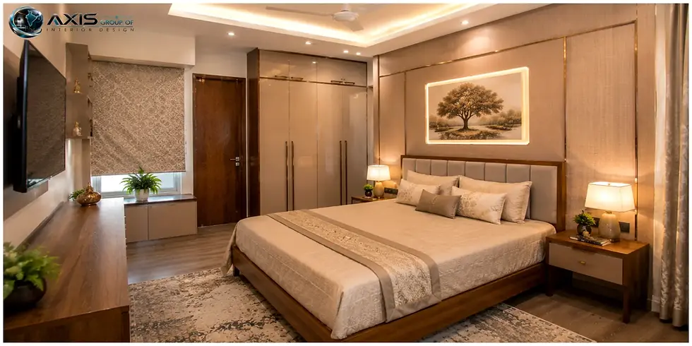 Peaceful parent bedroom interior design in Kolkata with warm neutral colors, premium bed design, and comfortable modern styling.