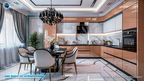 Trendy luxury L-shaped kitchen with marble countertops and sleek lighting.
