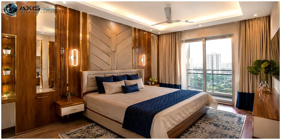 Premium master bedroom interior design in Kolkata with king-size bed, designer headboard, luxury wardrobe, and soft ambient lighting