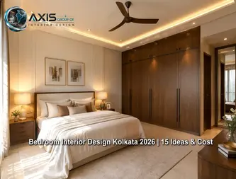 Modern luxury bedroom interior design in Kolkata by AGO Interior Design featuring warm minimalist sanctuary with cove lighting, full-wall walnut wardrobe, and premium linen bedding