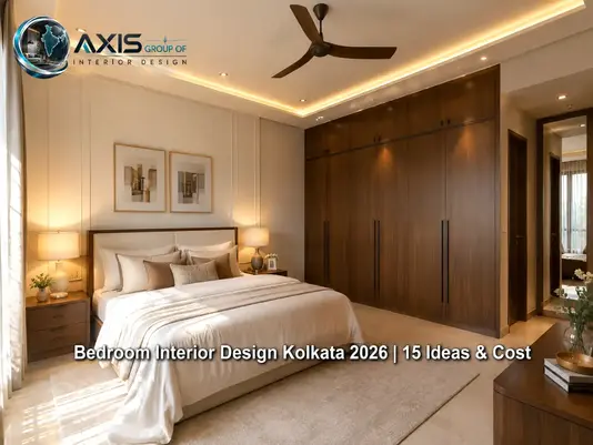 Modern luxury bedroom interior design in Kolkata by AGO Interior Design featuring warm minimalist sanctuary with cove lighting, full-wall walnut wardrobe, and premium linen bedding