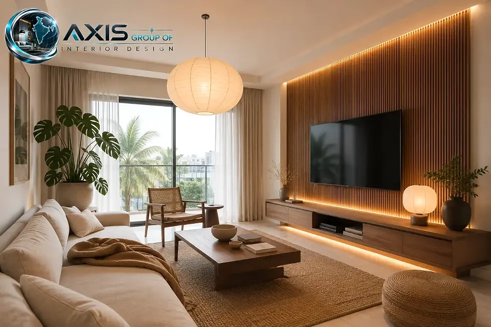 Japandi style 2BHK living room TV feature wall with fluted oak panel, integrated LED lighting and low-profile linen sofa in Kolkata apartment by AGO Interior Design