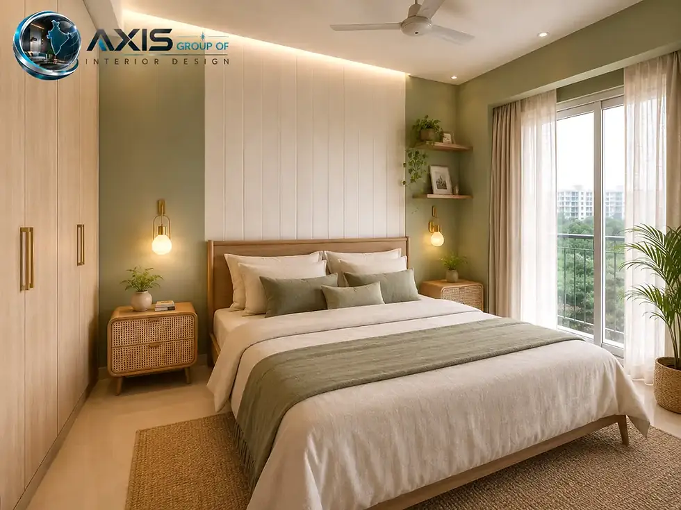 Sage green and natural wood modern bedroom interior design in Kolkata 2026 by AGO Interior Design ( Axis Group )